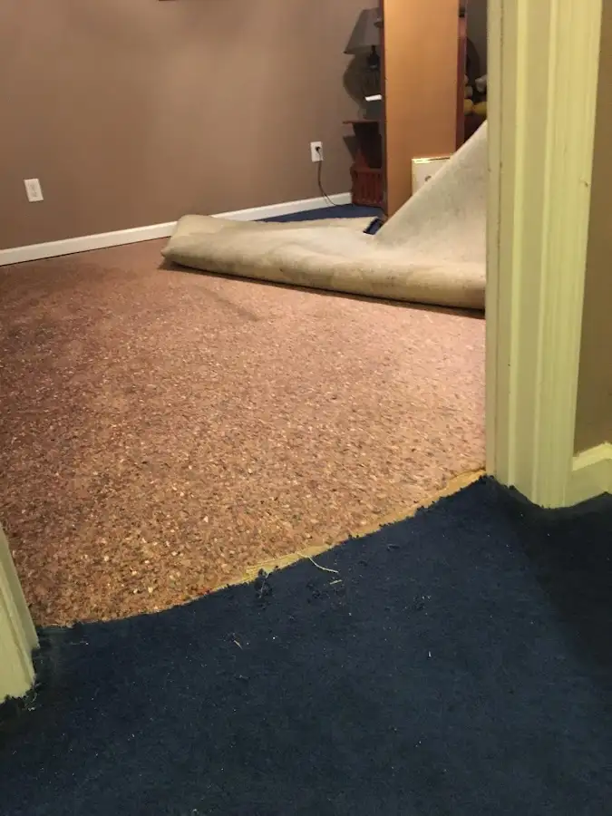 Carpet pad removal revealing water damage during Water Mitigation Services in Woods Cross